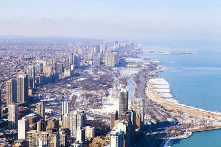 冬季在芝加哥上鸟瞰图