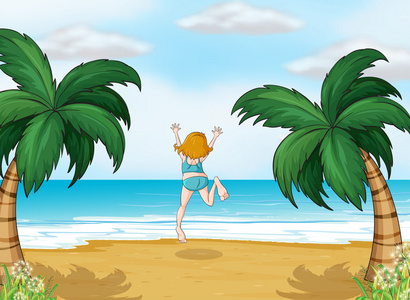 一个女孩在海滩上享受夏天