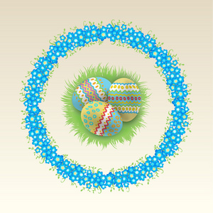 与春天的花朵花环的复活节彩蛋