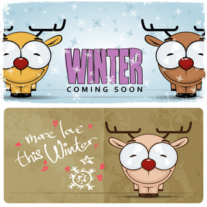 冬季矢量卡与可爱的卡通鹿和文本