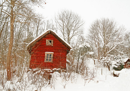 非常老红色木房子在雪域森林