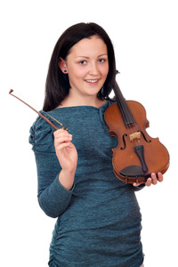 美丽少女手中白色的小提琴肖像