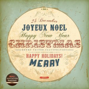 复古圆圣诞贺卡丝带和 grunge 背景圣诞复古邀请设计 joyeux 诺埃尔 
