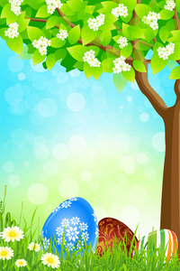 绿树背景与复活节彩蛋