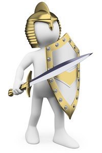 3d 白色。骑士与剑头盔和护盾