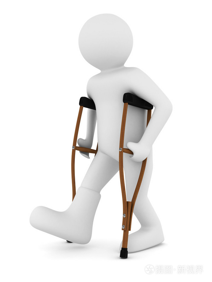 拄着拐杖在白色背景上的男人.孤立的 3d 图像