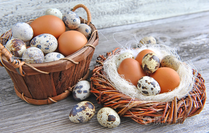 不同类型的巢和老木背景上一篮子的鸡蛋