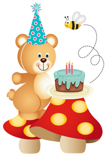 泰迪熊和生日蛋糕上的蘑菇