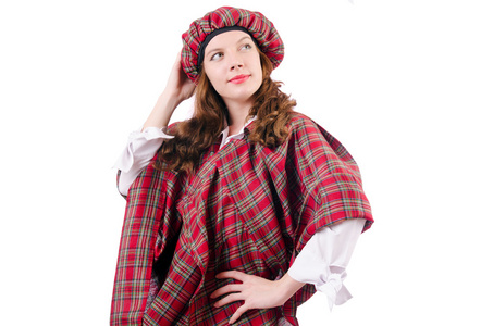 在传统的苏格兰服装的年轻女子