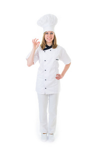 快乐的微笑厨师厨师的帽子和制服的肖像