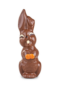 在白色背景上的巧克力复活节兔子