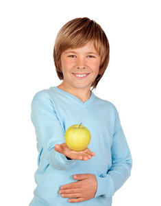 青春期男孩和一个黄色的苹果