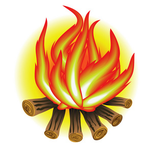 篝火剪影图标.矢量图案水彩画夜景.河边篝火水彩画夜景.