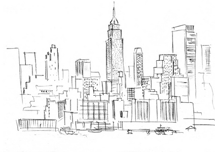 开始素描红铅笔铅笔素描的景观与纽约的摩天大楼的集照片