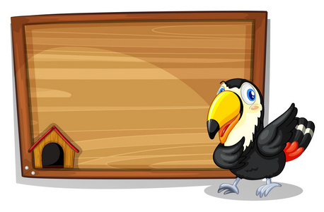 一只在一个木制的空白板旁边的黑鸟