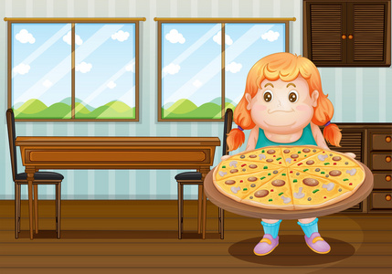 持有一圈的披萨胖女孩
