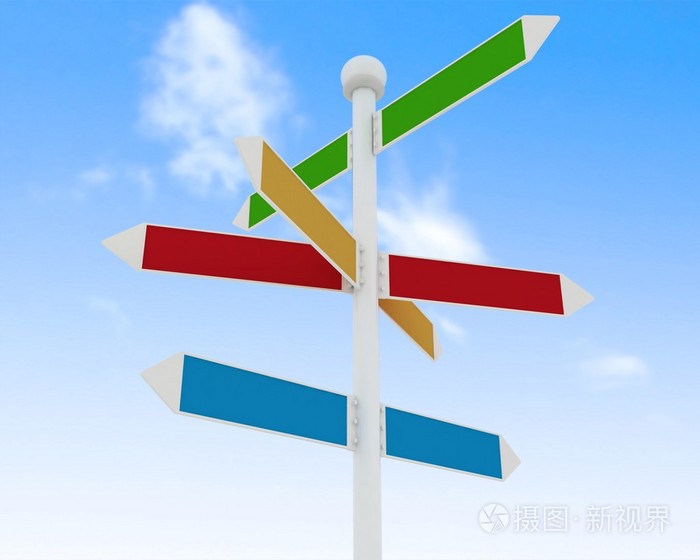 蓝蓝的天空背景上的方向道路标志