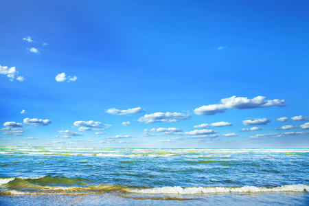 海鸥在蓝蓝的天空与自然海景