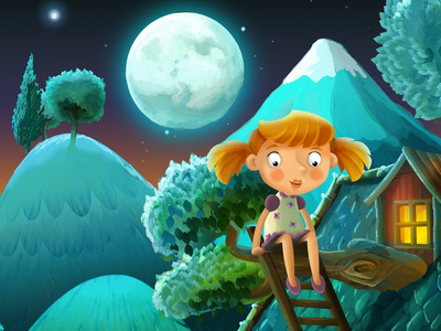 一个孩子在木头-儿童插画的绘制的童话故事照片