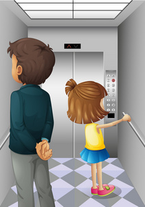 电梯与一名男子和一个年轻的女孩