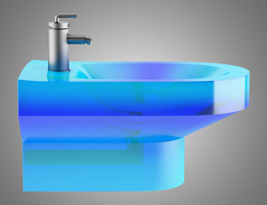 孤立在灰色的背景上的蓝色玻璃坐浴盆