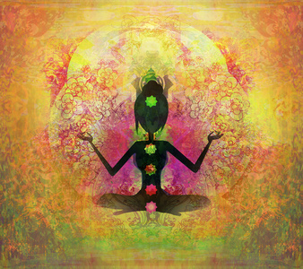 莲花瑜伽的姿势。padmasana 与彩色脉轮点