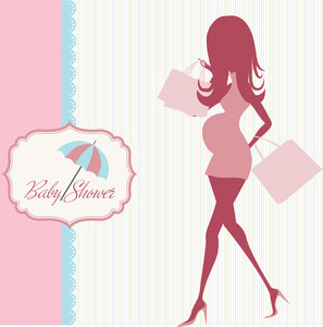 与美丽的孕妇在购物上婴儿公告卡