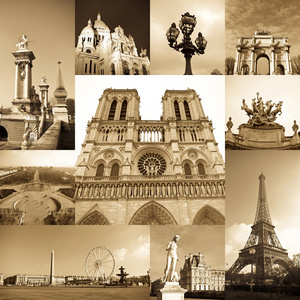 巴黎最著名的古迹和地标的抽象拼贴画