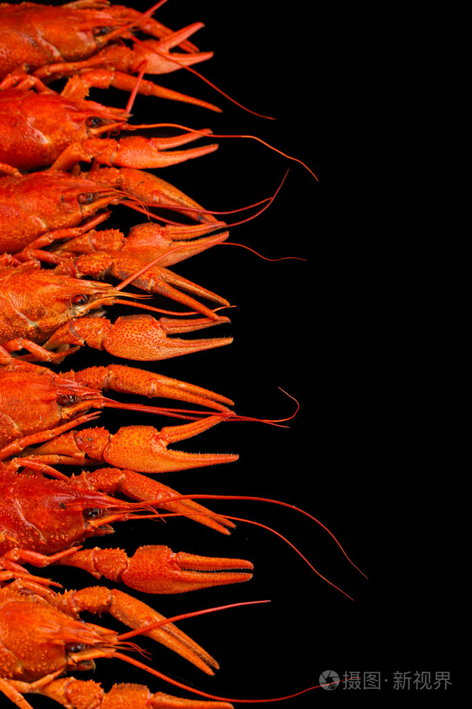 孤立在黑色的美味水煮小龙虾