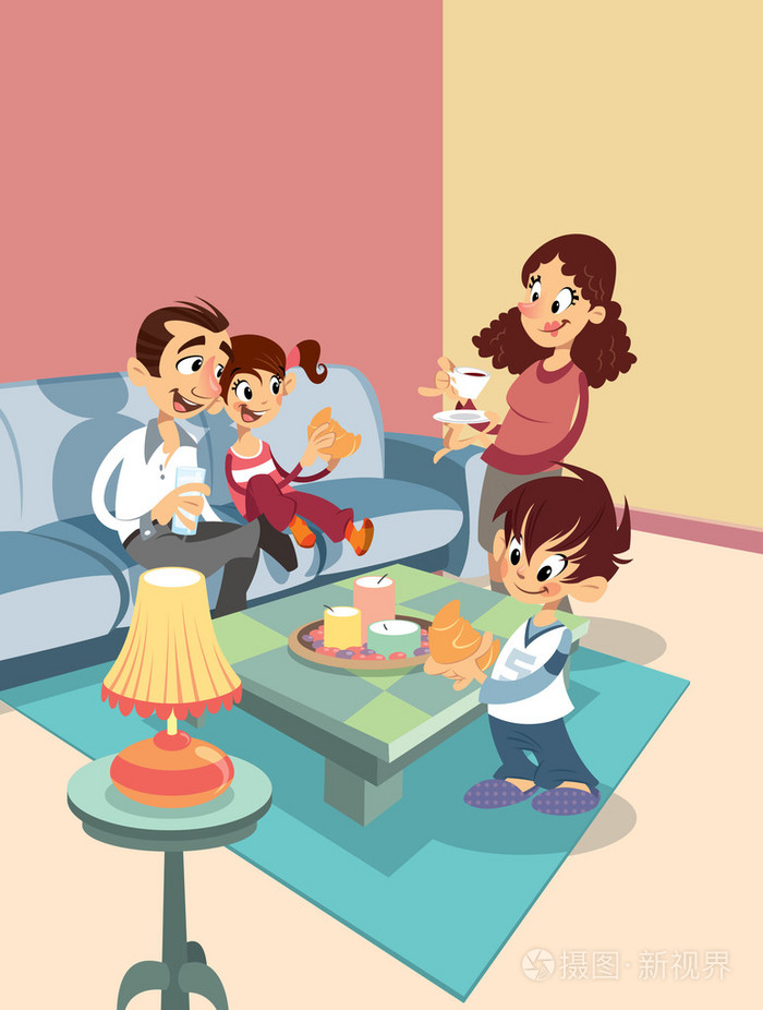 在客厅里的卡通家庭