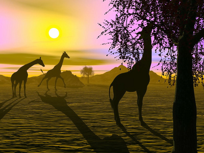 长颈鹿的日落3d 渲染