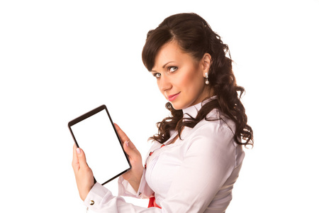 有吸引力的年轻商业女人持有 tablet pc 触摸板