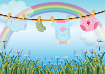 挂在彩虹下的婴儿衣服