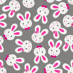 小灰粉红色兔子女孩和男孩与微妙分支上黑暗背景复活节春季假期无缝模式