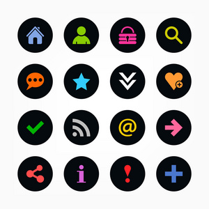 16 种流行颜色图标，带基本的标志。简单的圆形形状互联网按钮灰色背景