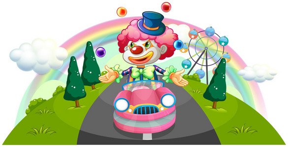 坐在粉红色车同时玩杂耍小丑
