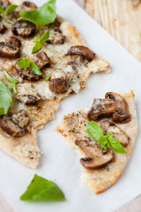 薄自制披萨用奶酪和蘑菇