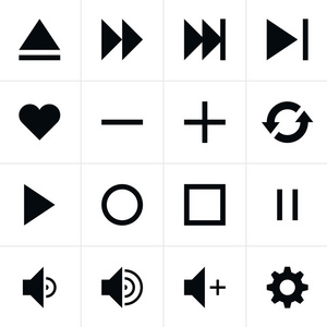 16 媒体播放器黑象形图控制按钮符号集。现代当代固体平原平最少的样式。在白色背景上的简单图标。矢量插图 web 设计元素保存在 