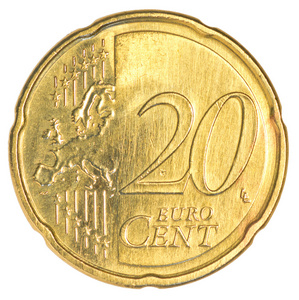 20美分欧元硬币在上面的十欧元美分欧元美分在白色背景下的各种欧元