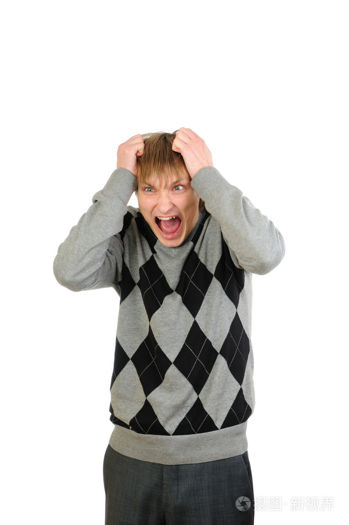 在白色背景上孤立的愤怒尖叫的强调人肖像