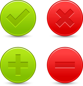 缎验证图标。红色和绿色 web 按钮与在白色背景上的阴影。复选标记，删除，加号和减号的互联网。矢量插图剪贴画的设计元素保存在 8