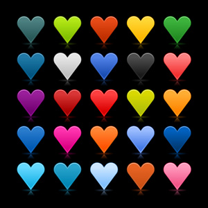 25 彩色心图标 web 2.0 按钮与阴影和反射在黑色背景上