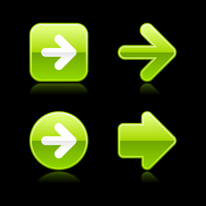 4 绿色的 web 2.0 按钮箭头标志。缎面光滑用反射在黑色背景上的形状