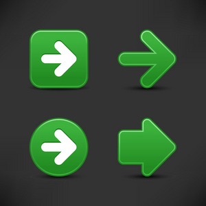 4 绿色的 web 2.0 按钮箭头标志。缎面光滑用反射在黑色背景上的形状
