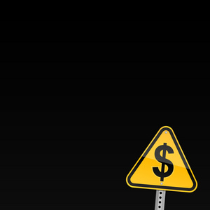 小黄路危险警告标志与黑色背景上的美元符号