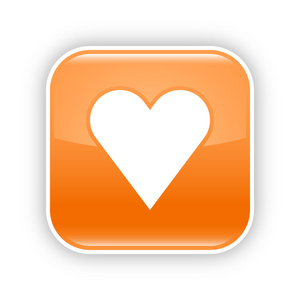 与心脏标志的橙色光泽 web 按钮。圆角的方形图标，带阴影和反射在白色背景上。创建和保存在 8 eps 这个矢量图
