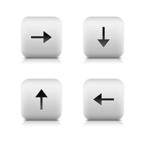 箭头符号的 web 2.0 白色石按钮具有反射和白纸上的阴影