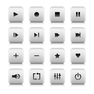 web 站点 应用程序和 flash 播放器的媒体 web 2.0 音频视频控制按钮。白色石头圆角正方形形状与阴影和反射。在白