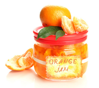 用热心和橘子，孤立在白色橙果酱
