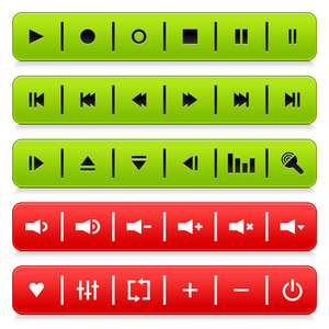 媒体控制 web 2.0 按钮导航面板。具有阴影和反射在白色背景上的绿色和红色的圆角的矩形形状